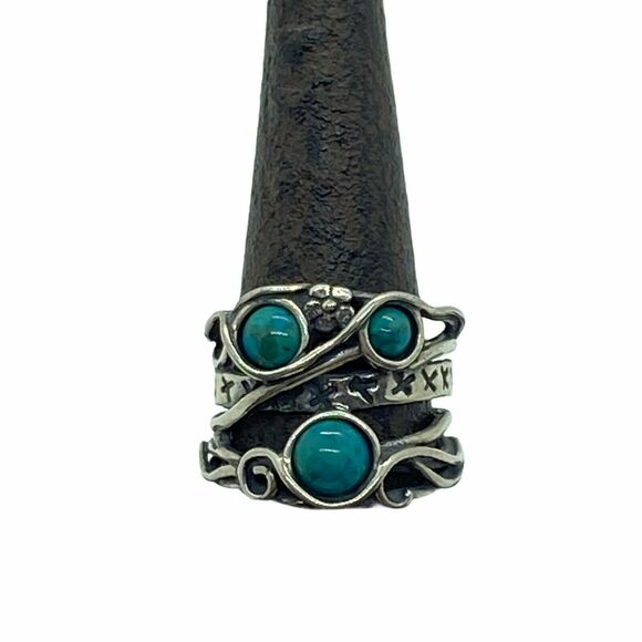 Sterling Silver Turquoise Ring Shablool Didae Womens Three Stone Size 17 mm 6.5 - Picture 1 of 15